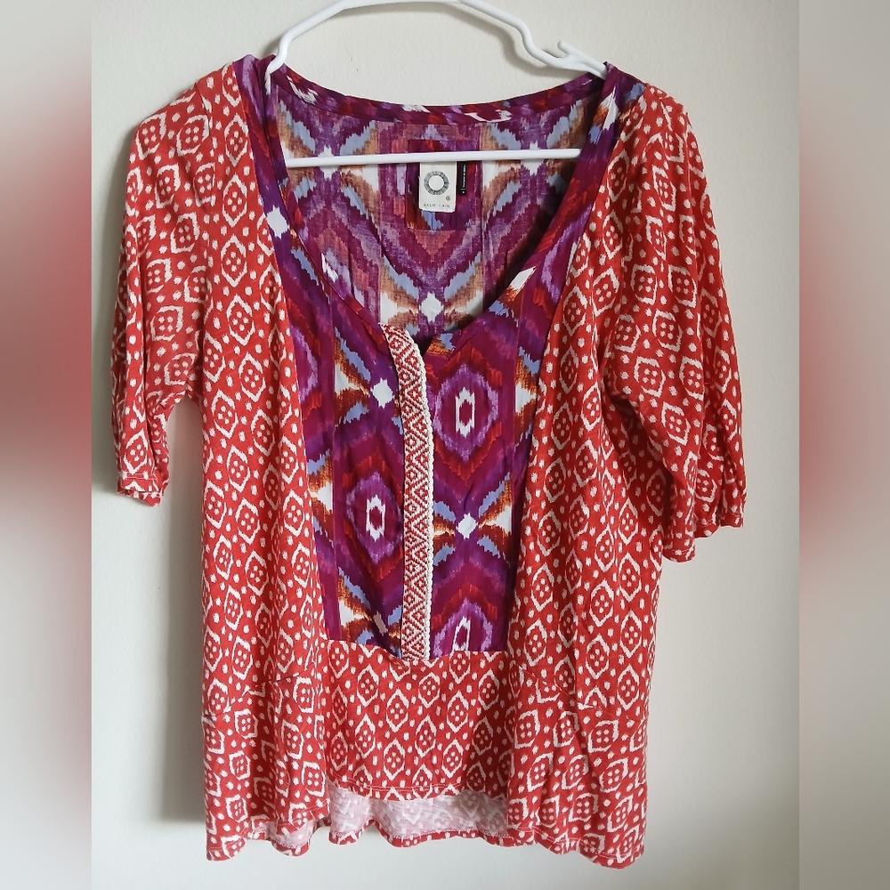 ANTHROPOLOGIE AKEMI KIN Ikat Split Neck Top Orange / Red Aztec Embroidered Small
